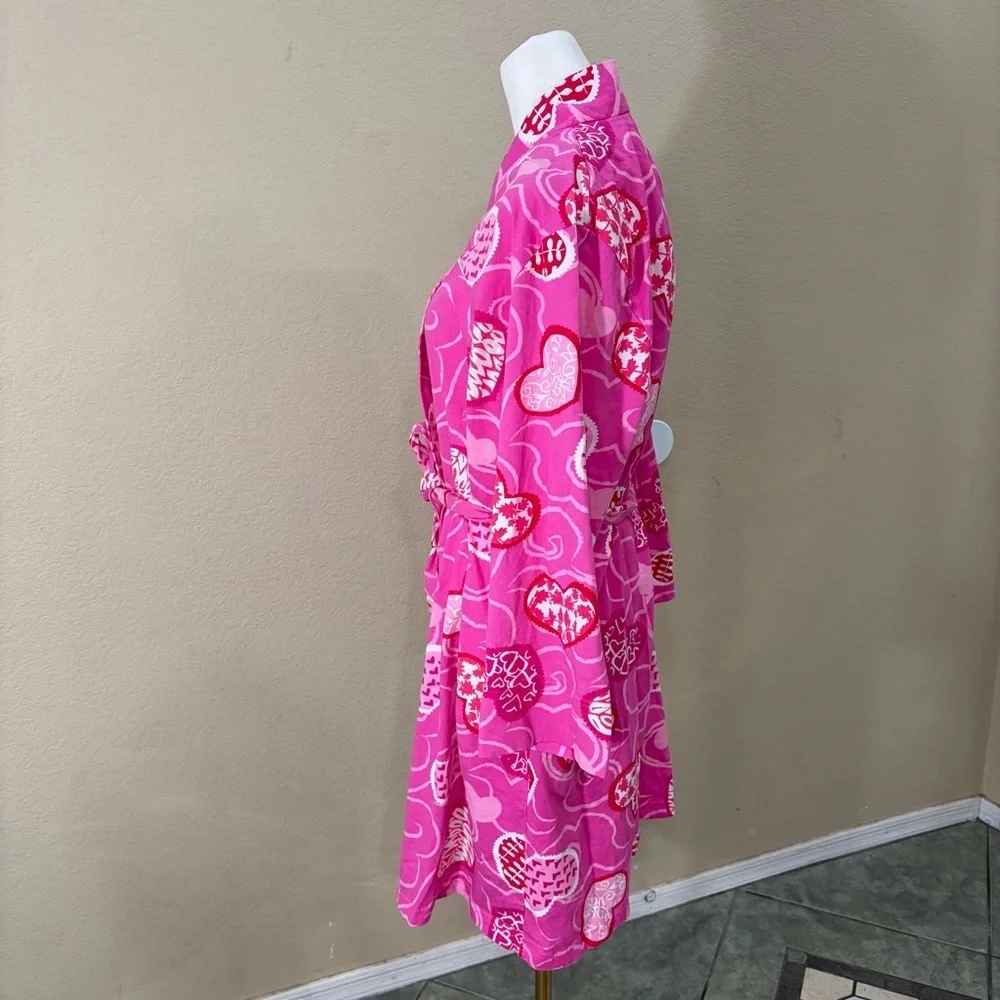 Pajamagram Hers Pink Red Heart Robe Waist Tie Pockets Long Sleeve Sz S/M Cozy - Picture 3 of 10